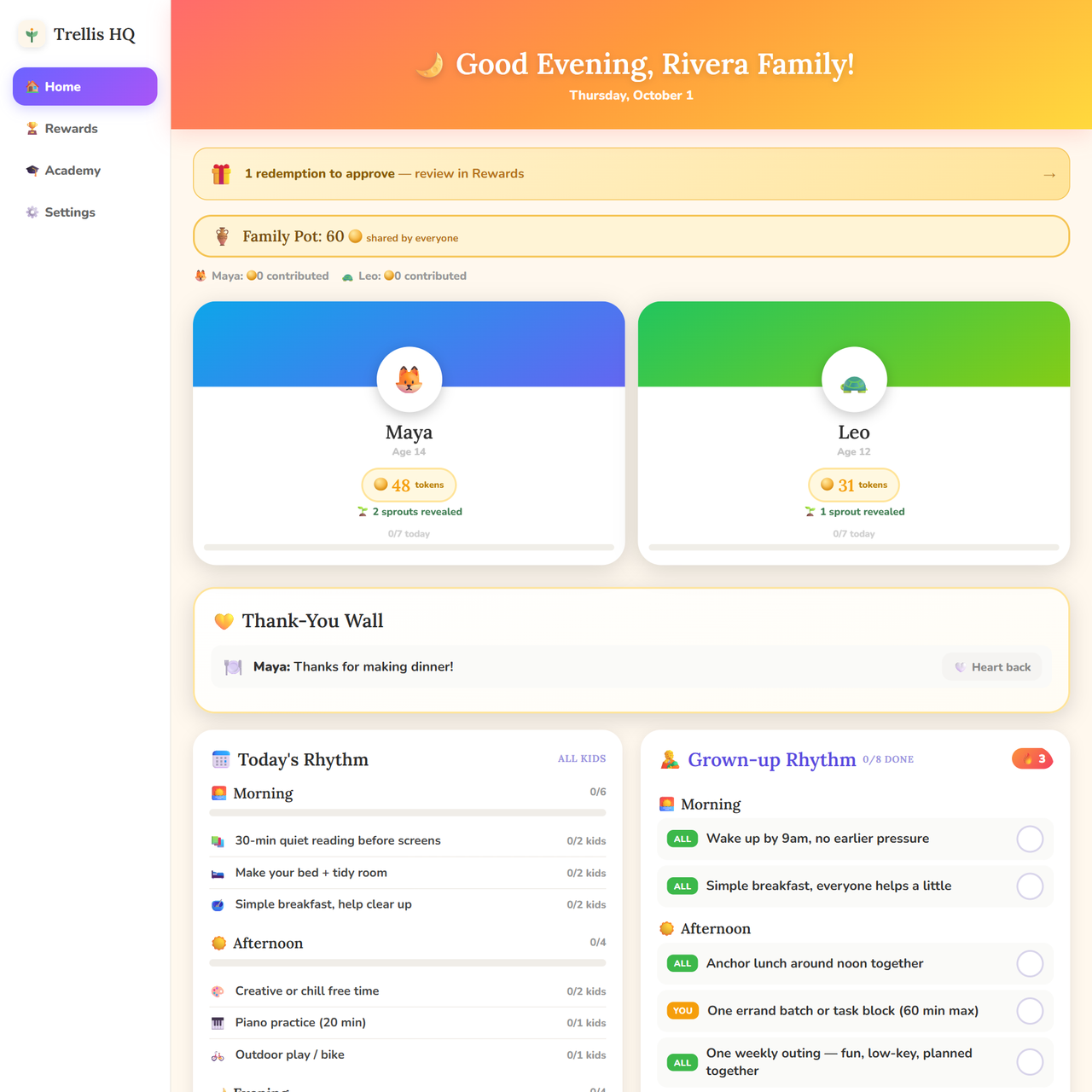 The Trellis HQ dashboard — the family's rhythm, the Grown-up Rhythm, a Thank-You Wall of kid thank-yous, and the shared Family Pot