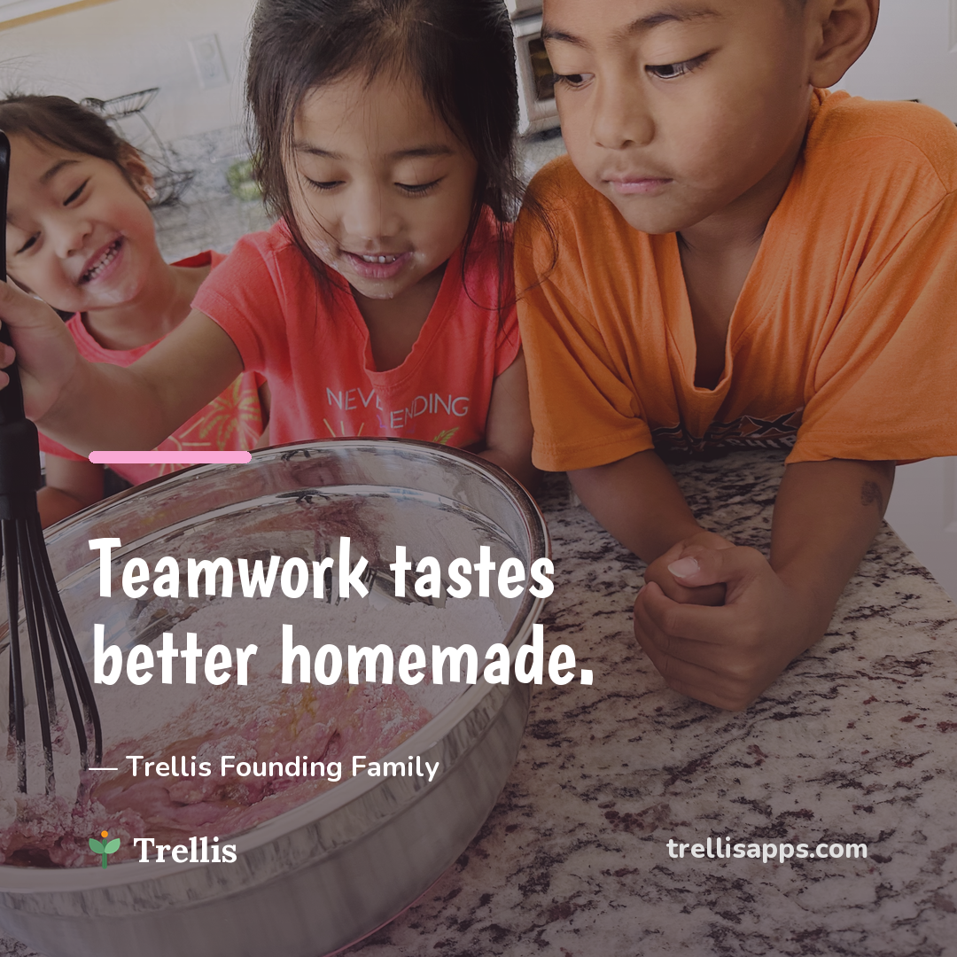 Three kids gathered around a mixing bowl — teamwork tastes better homemade