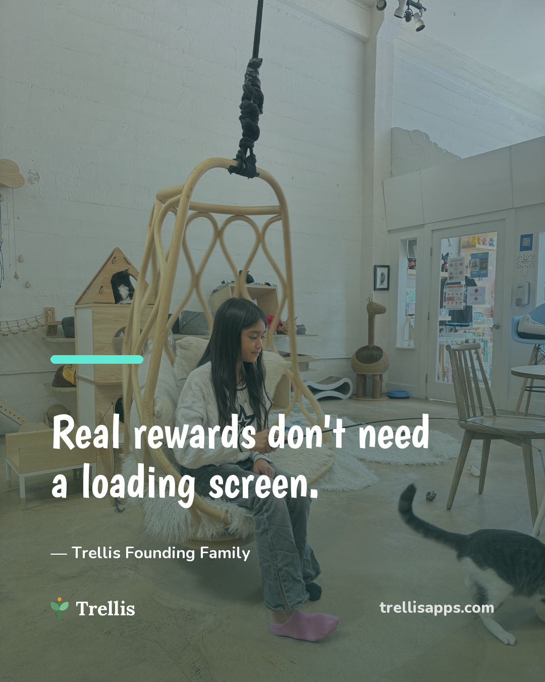 A girl unwinding at a cat café — a real reward, not more screen time