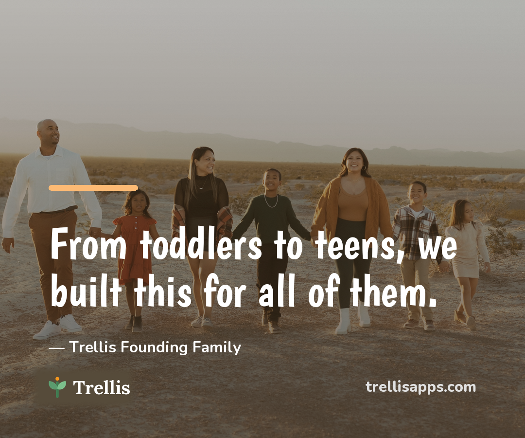 A founding family walking together at sunset, from toddlers to teens